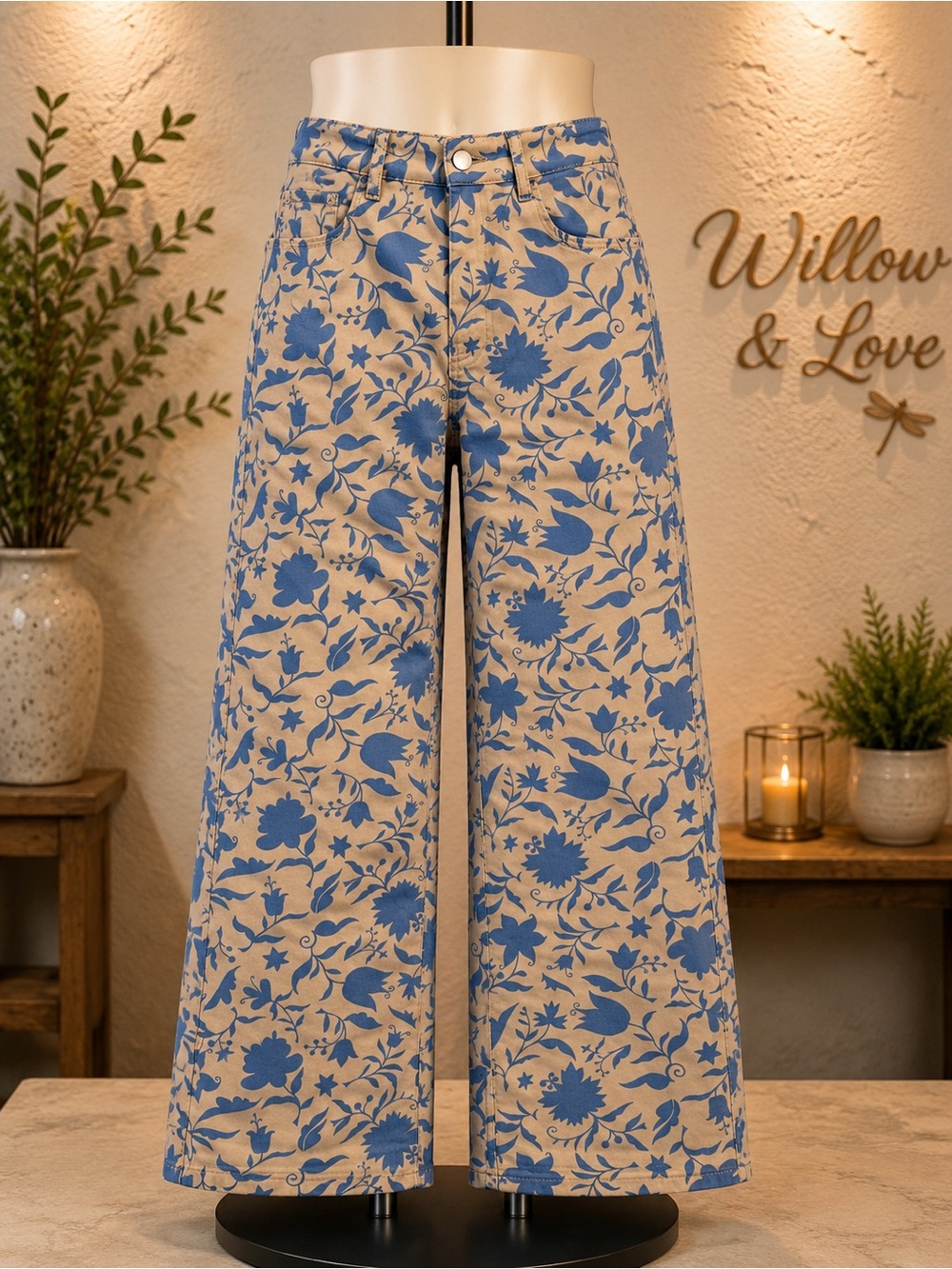 Baevely Blue Floral Print Wide Leg Jeans Boho Cottagecore NWOT